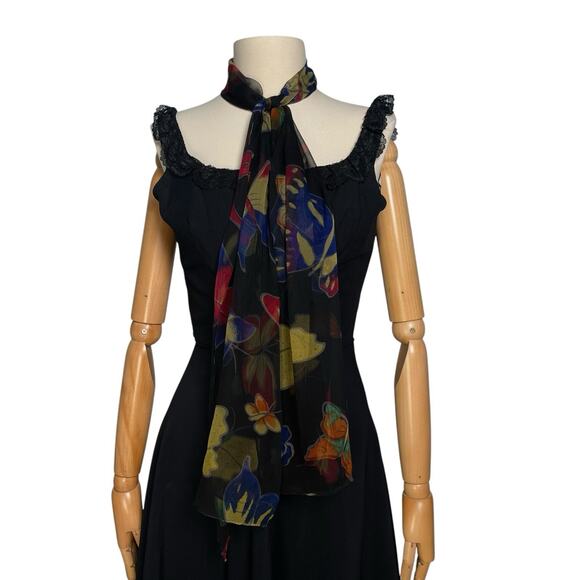 Vintage Butterfly Print Black Silk Chiffon Scarf - Picture 6 of 6